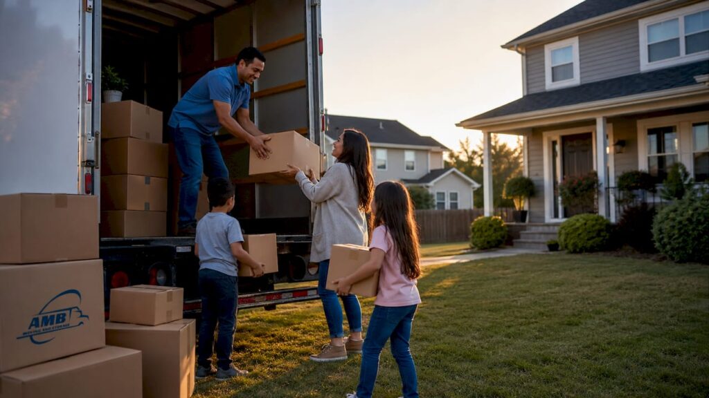 Family loading boxes into moving truck outdoors