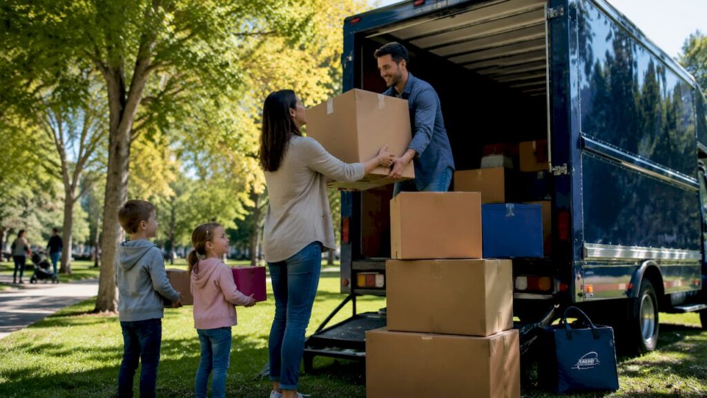 Family loading boxes into moving truck at home