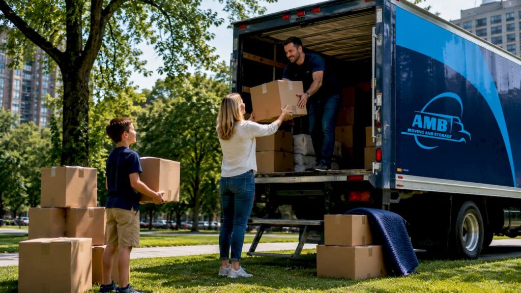 Family preparing interstate move with truck and boxes