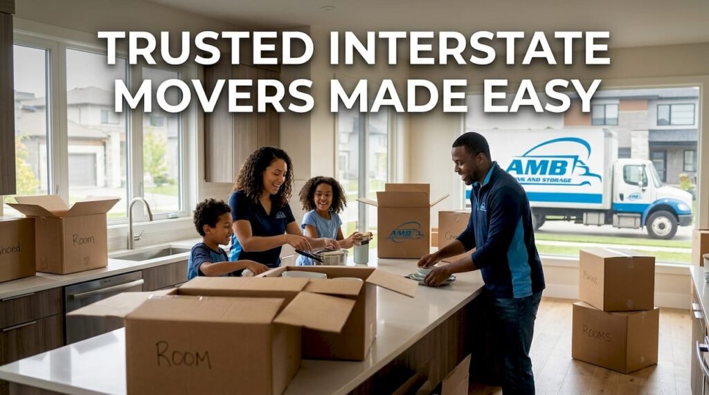 Family preparing boxes for interstate move