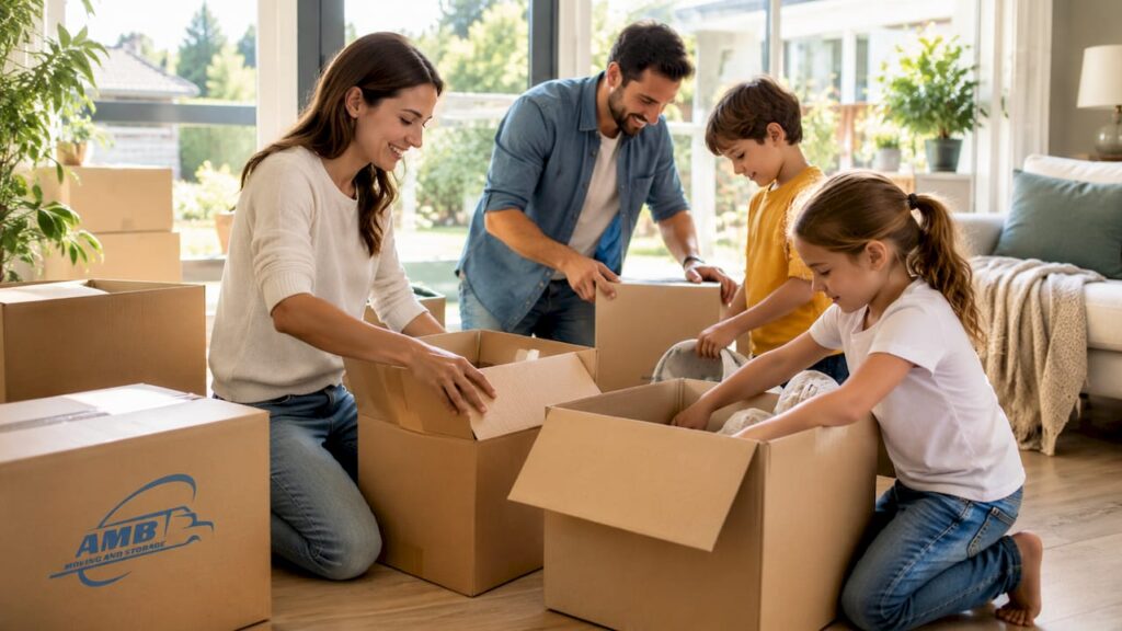 Family with moving boxes and truck