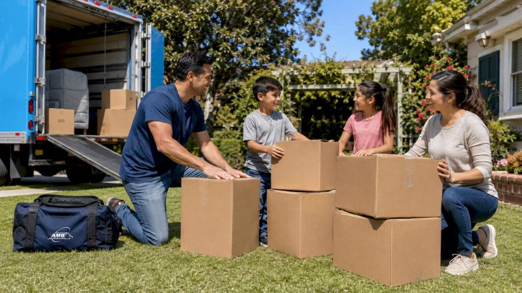 Family preparing for interstate move with truck and boxes
