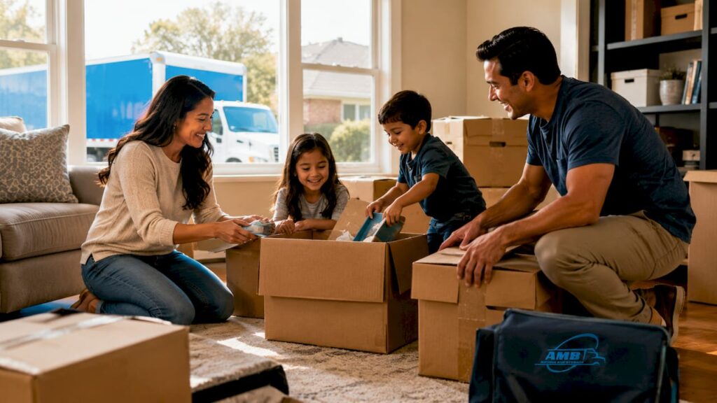 Family packing boxes near blue moving truck