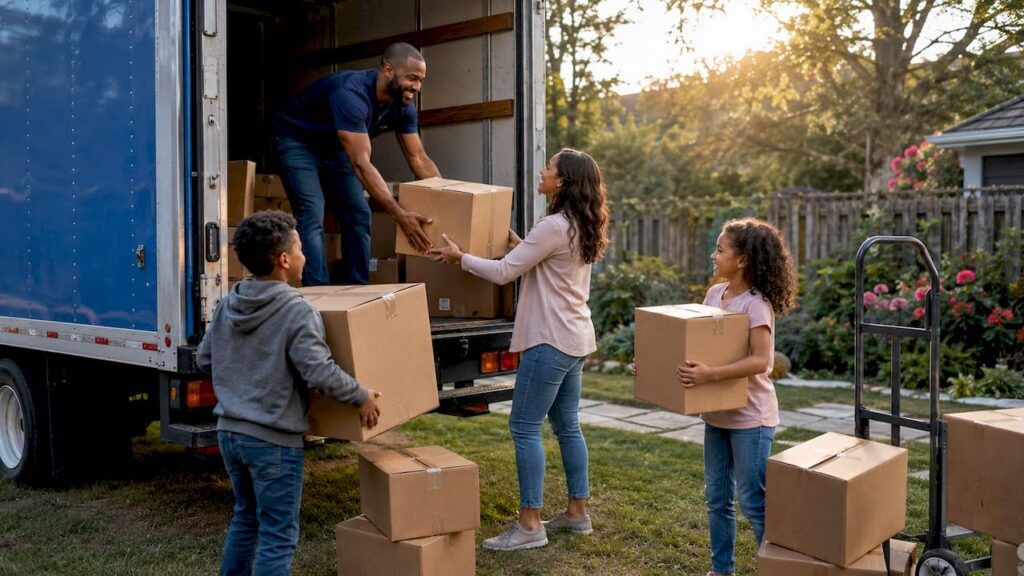 Family loading moving boxes into truck
