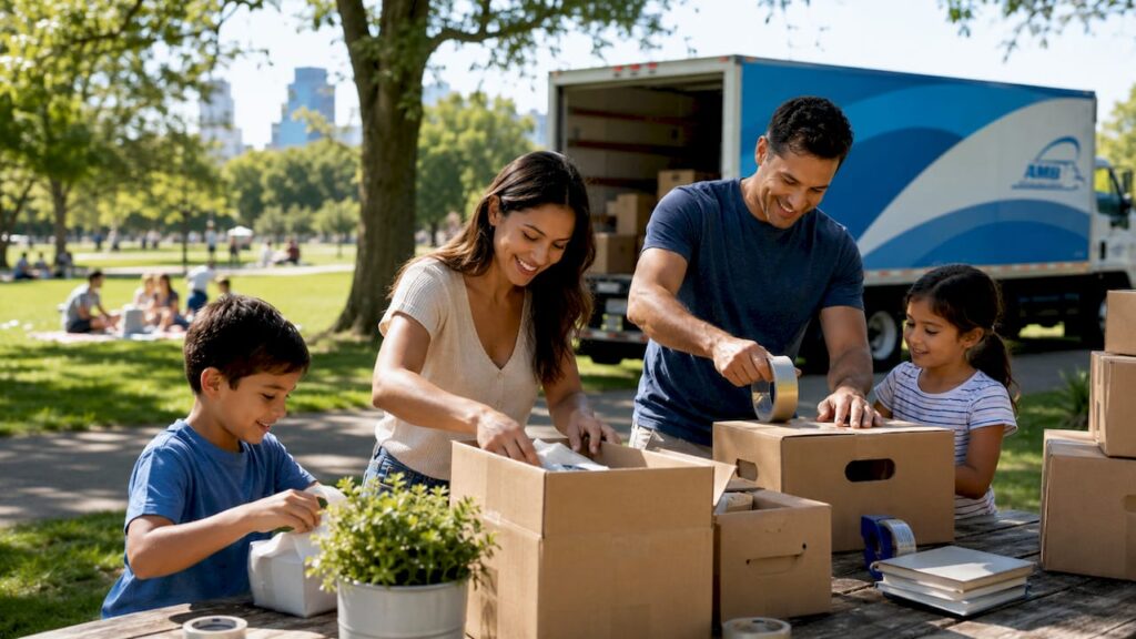 Family packing moving boxes in front yard with truck