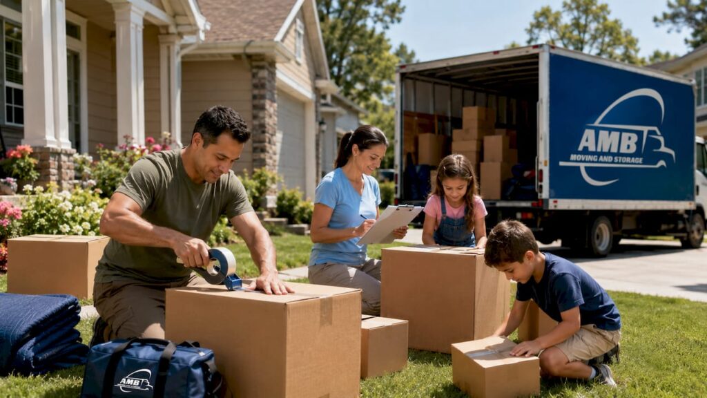Military family preparing moving boxes outdoors