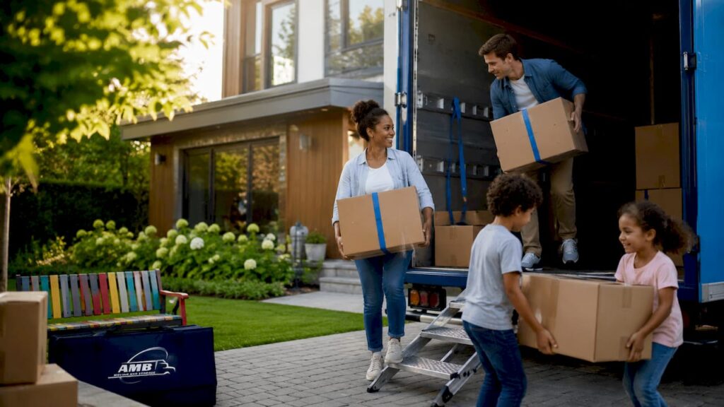 Family loading moving truck in suburban driveway with moving boxes