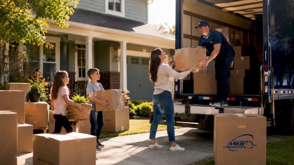 Family packing moving boxes by truck
