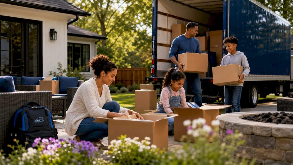 Family packing boxes by moving truck in driveway