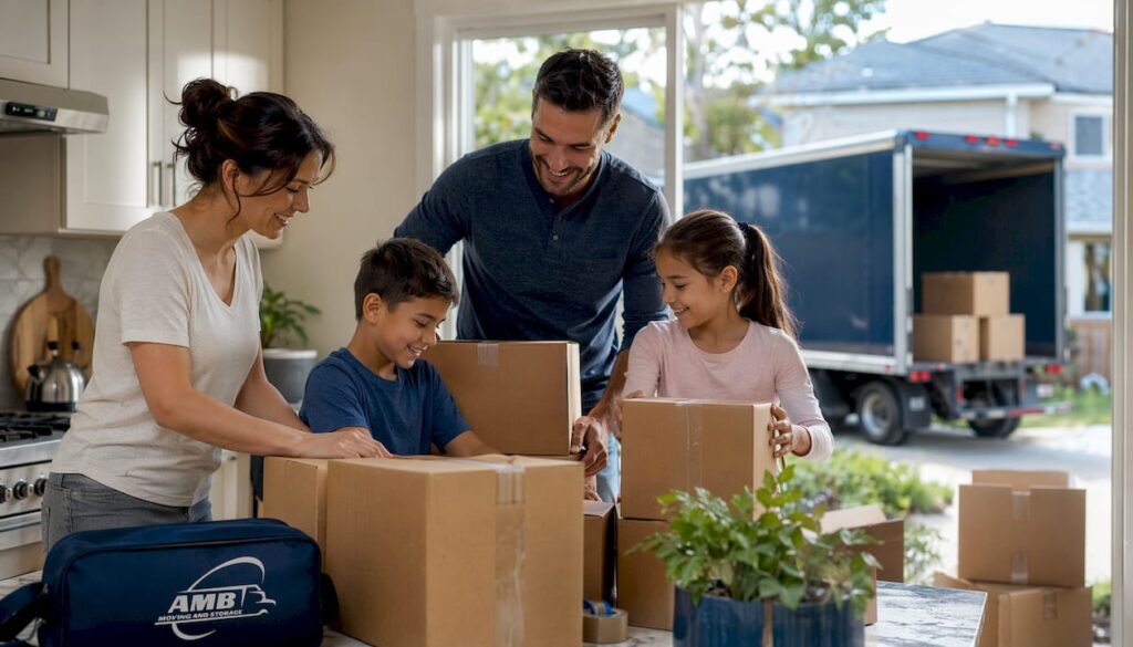 Family loading moving truck in suburban yard