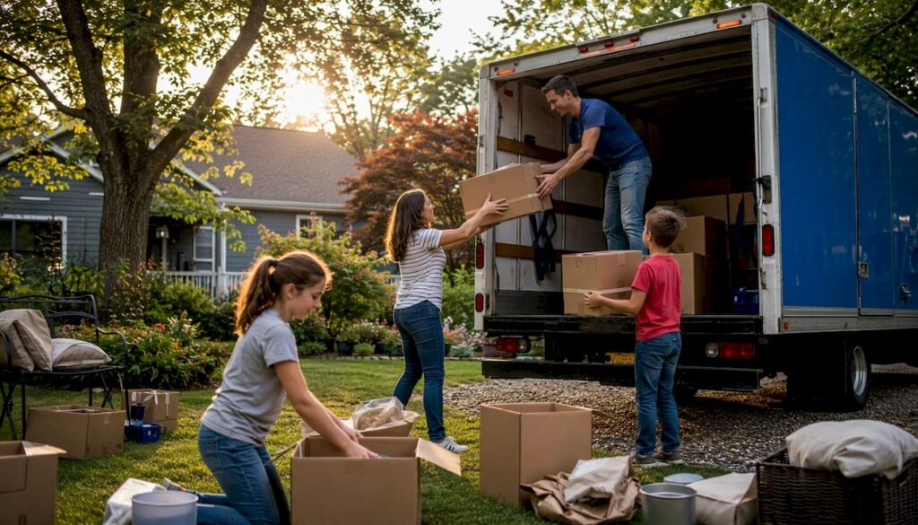 Family packing boxes beside moving truck at home