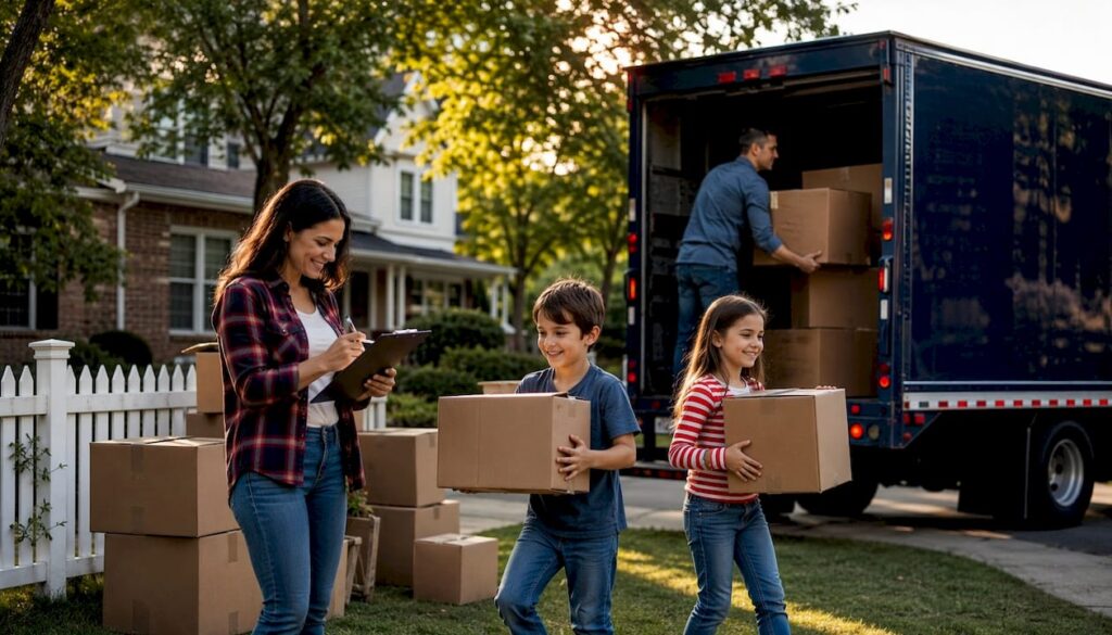 Family packing boxes near moving truck outside home