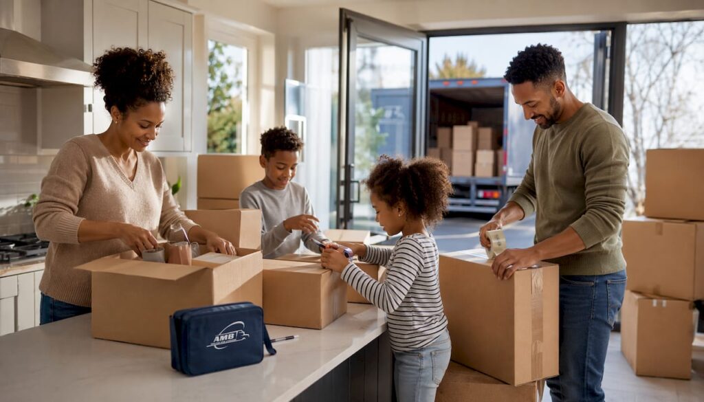 Family packing boxes preparing for interstate move