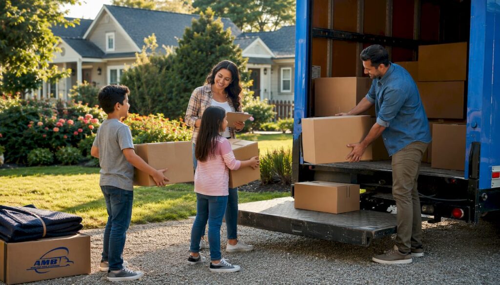 Family packing moving truck for interstate relocation
