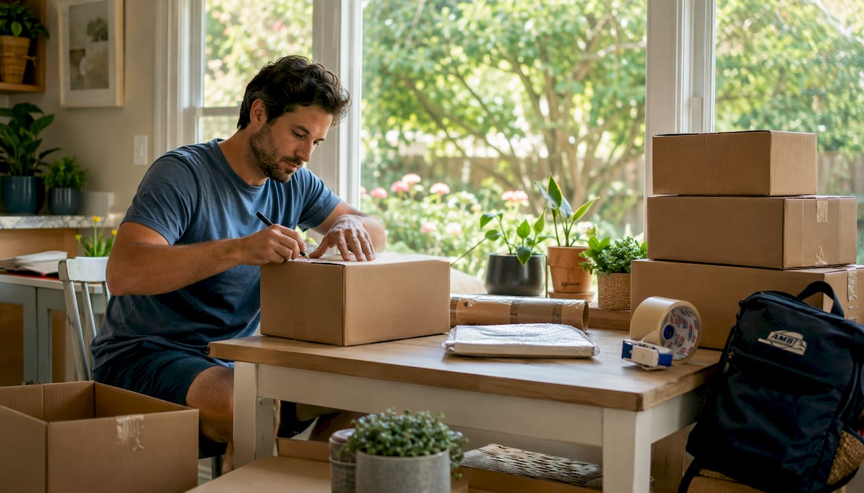 Homeowner organizing boxes for long distance move