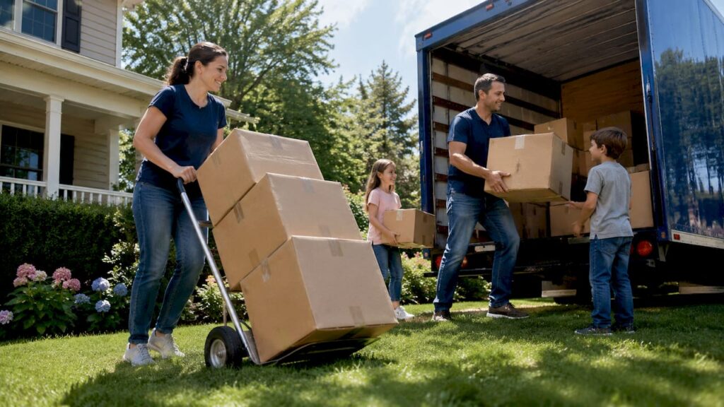 Family loading moving truck with boxes outside home