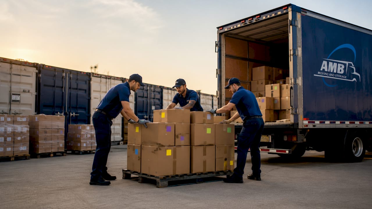 Professional crew stacking boxes in moving warehouse