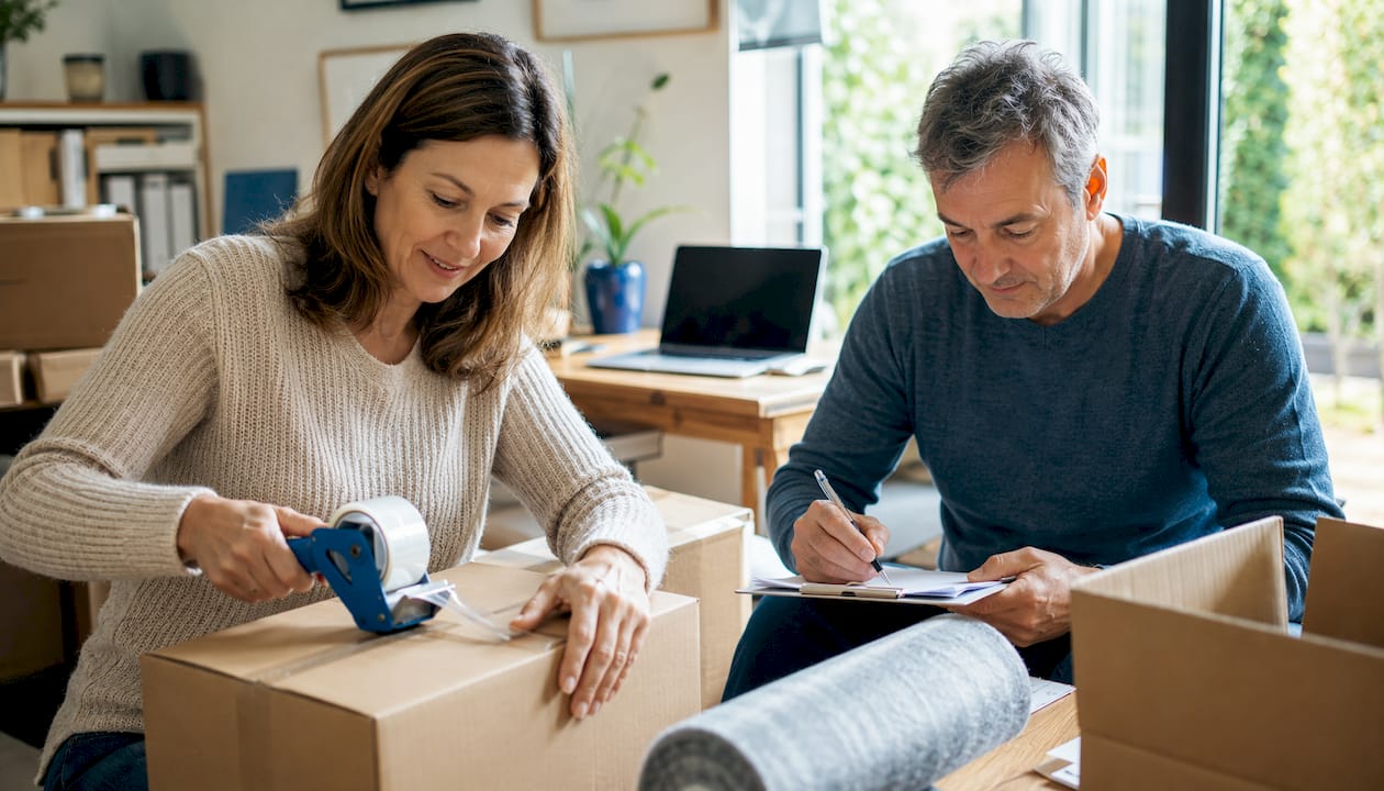 Couple packing and labeling moving boxes indoors