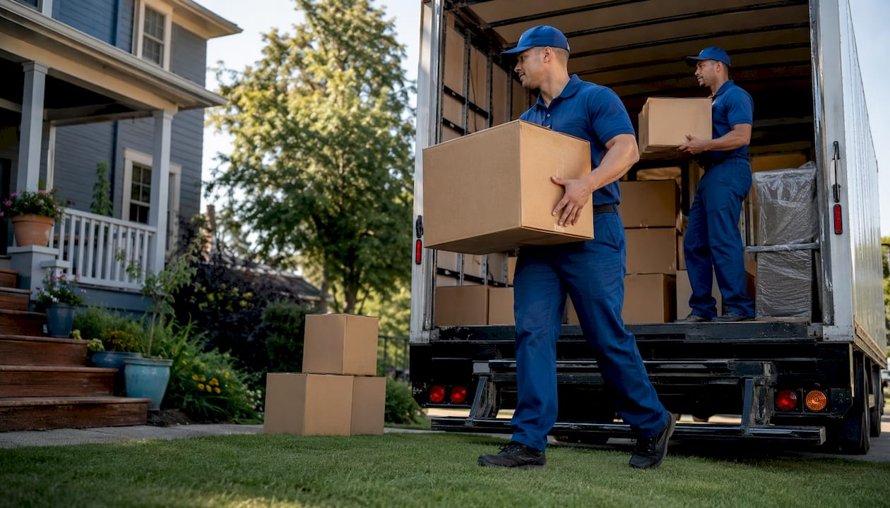 Professional movers loading boxes into moving truck