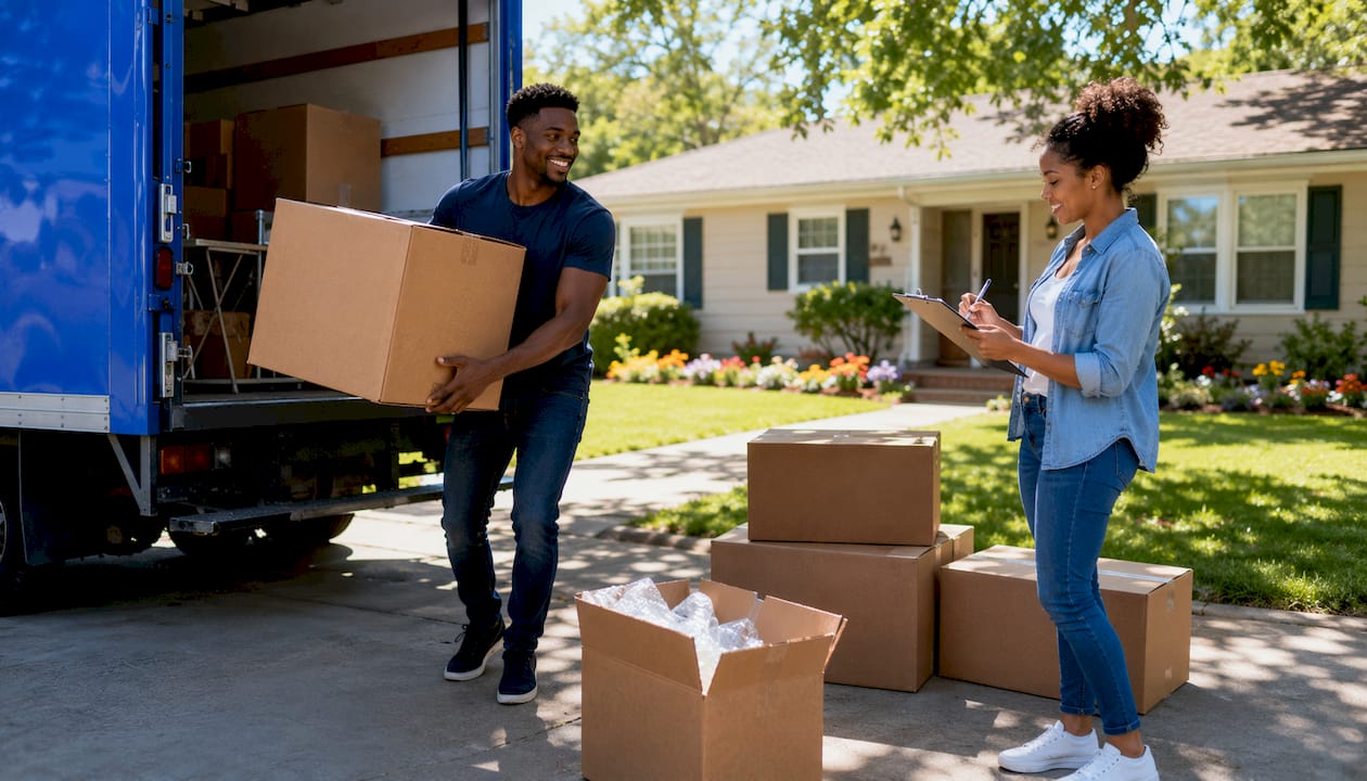 Couple loading boxes into moving truck