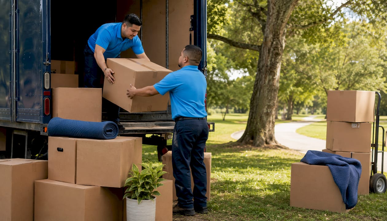 Movers stacking boxes in truck outdoors
