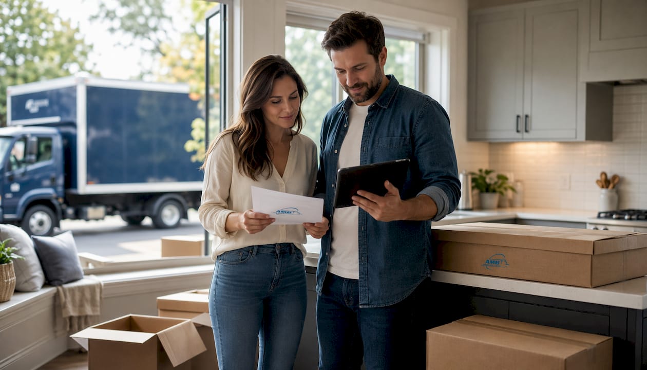 Couple reviewing moving quotes by moving truck