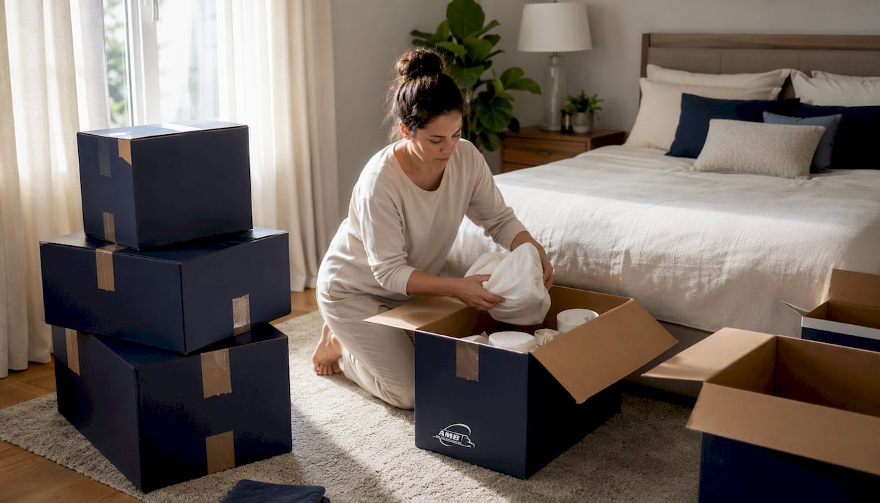 Homeowner packing boxes indoors for local move