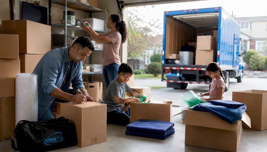 Family packing for interstate move in driveway