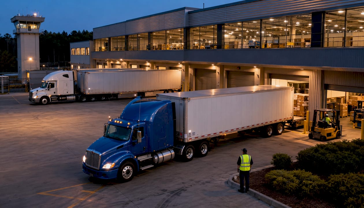 Exterior of commercial storage warehouse with delivery trucks