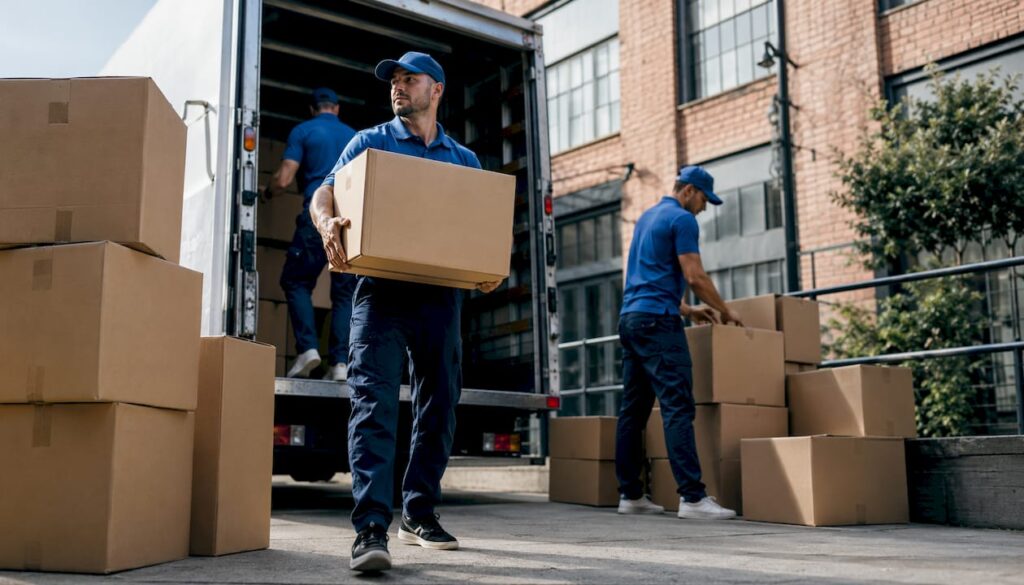 Moving crew loading boxes into truck outdoors
