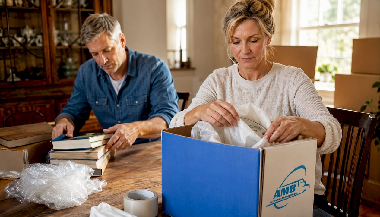 Couple packing fragile items in living room