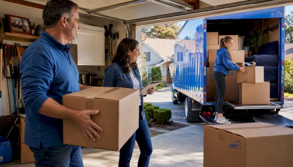 Family loading moving boxes into truck