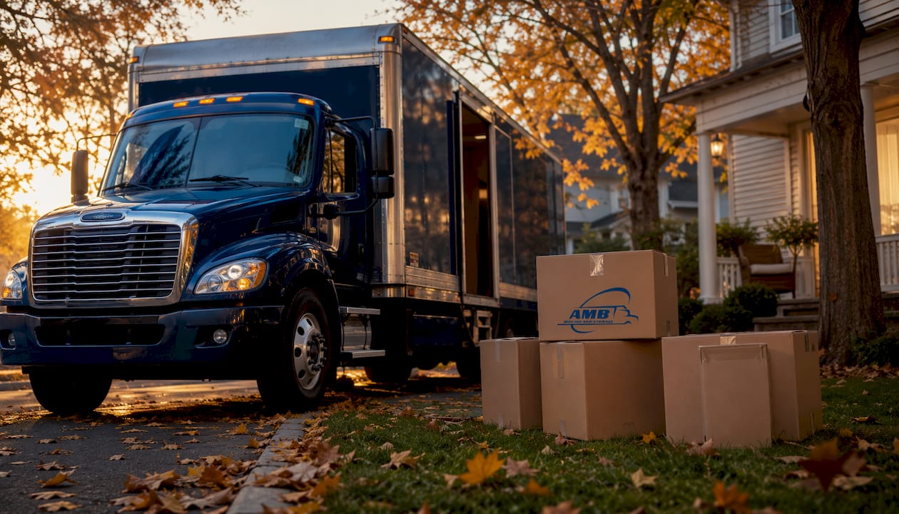 Blue moving truck parked on residential street