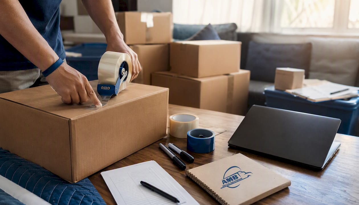 Hands taping moving boxes on kitchen table