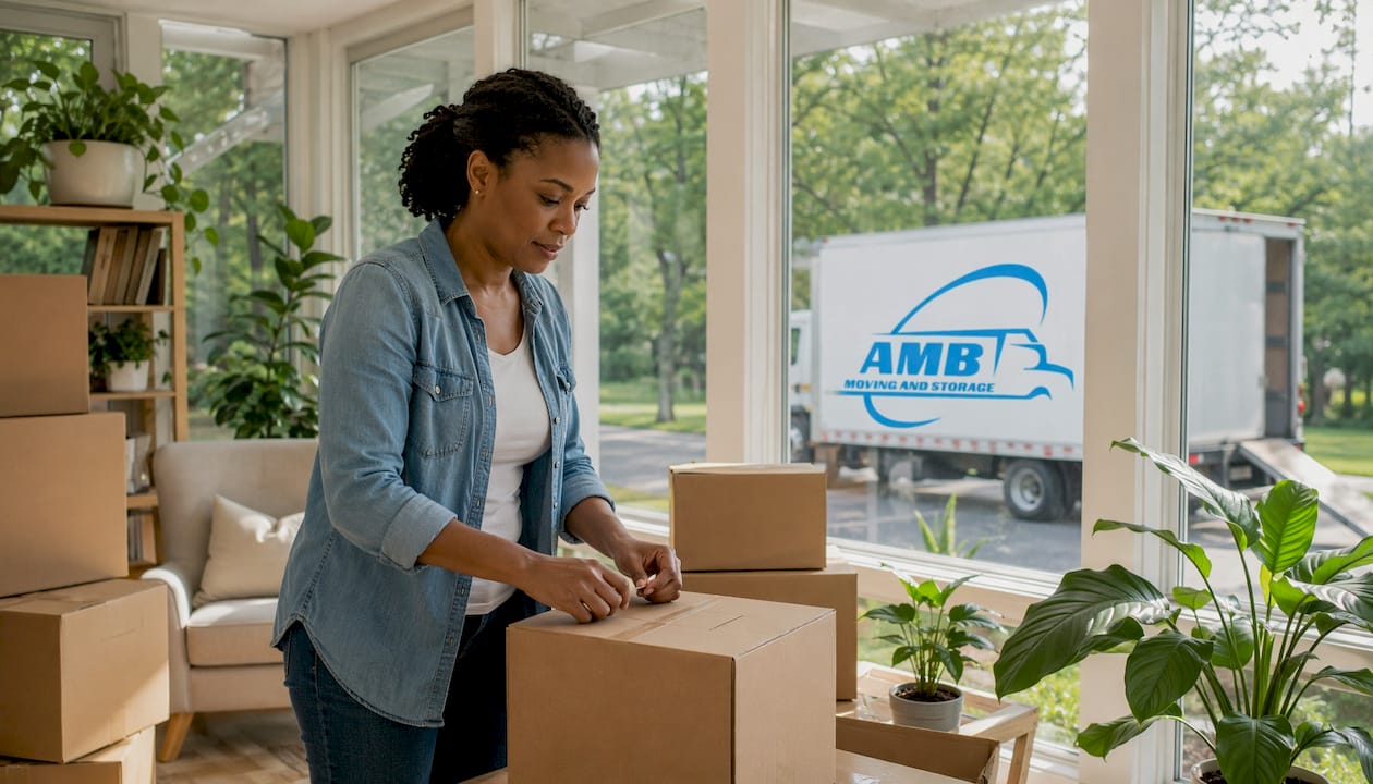Homeowner organizing moving boxes in foyer