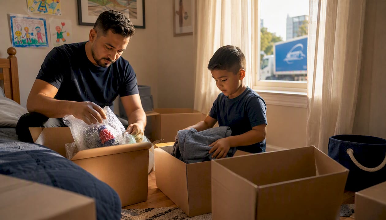 Mother and daughter packing boxes indoors