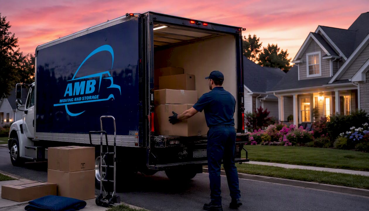 Moving truck loading boxes at house