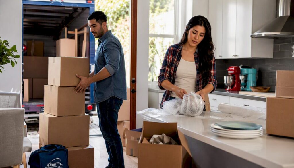 Family loading boxes onto moving truck
