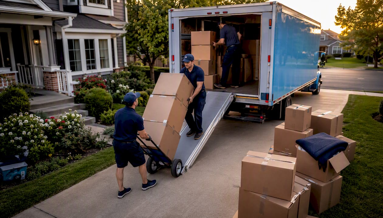 Professional movers loading boxes into moving truck