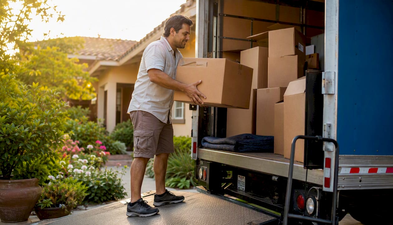 Homeowner loading boxes into interstate moving truck