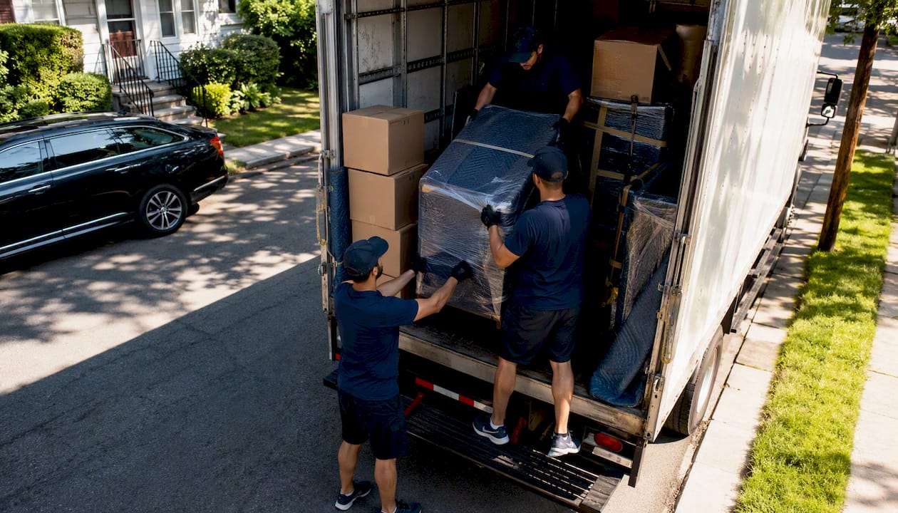 Moving crew loading furniture in urban area
