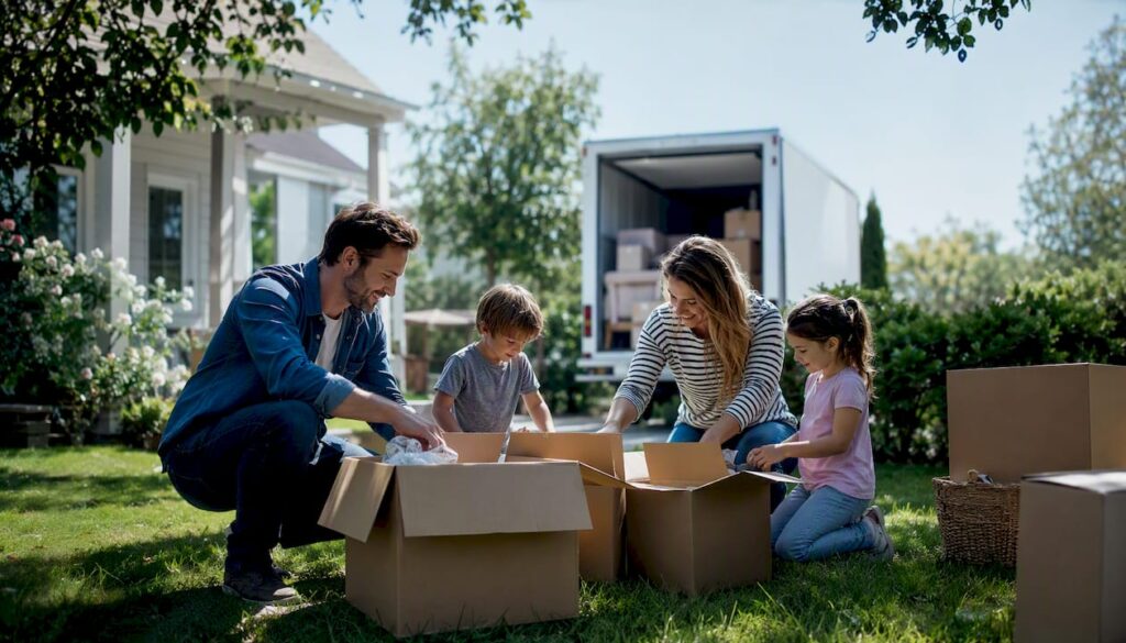 Family packing boxes outside home