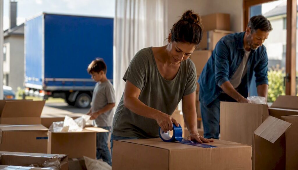 Family packing moving boxes in living room