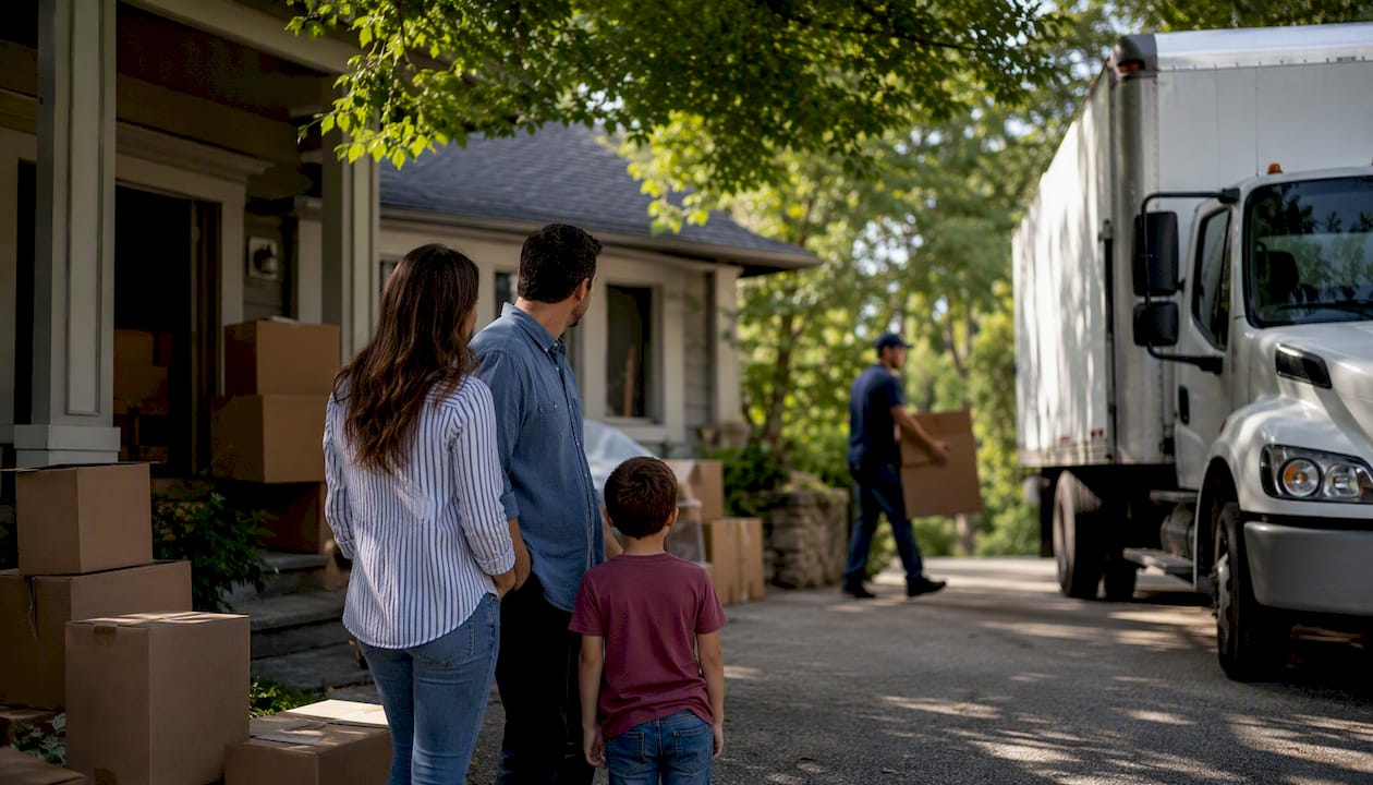 Moving truck arrives at suburban home driveway