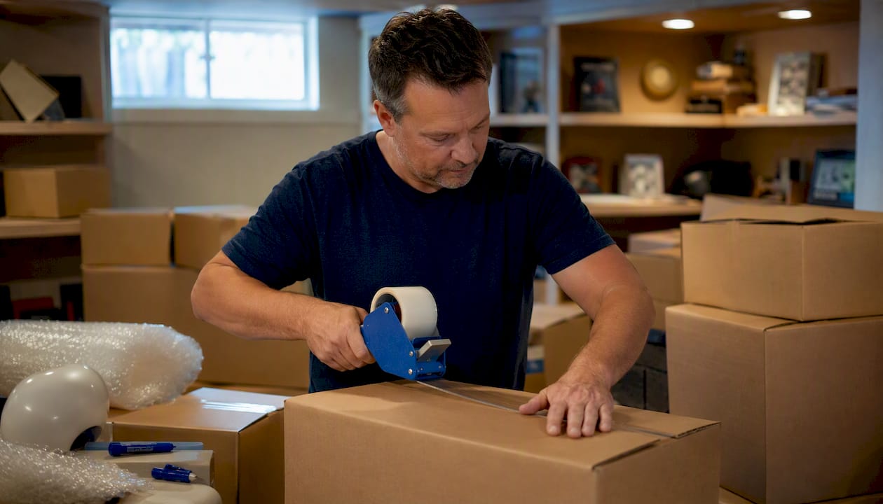 Homeowner packing boxes and arranging storage