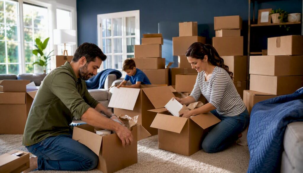 Family packing boxes in garage for move