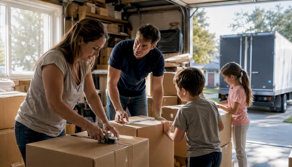 Family loading boxes into moving truck