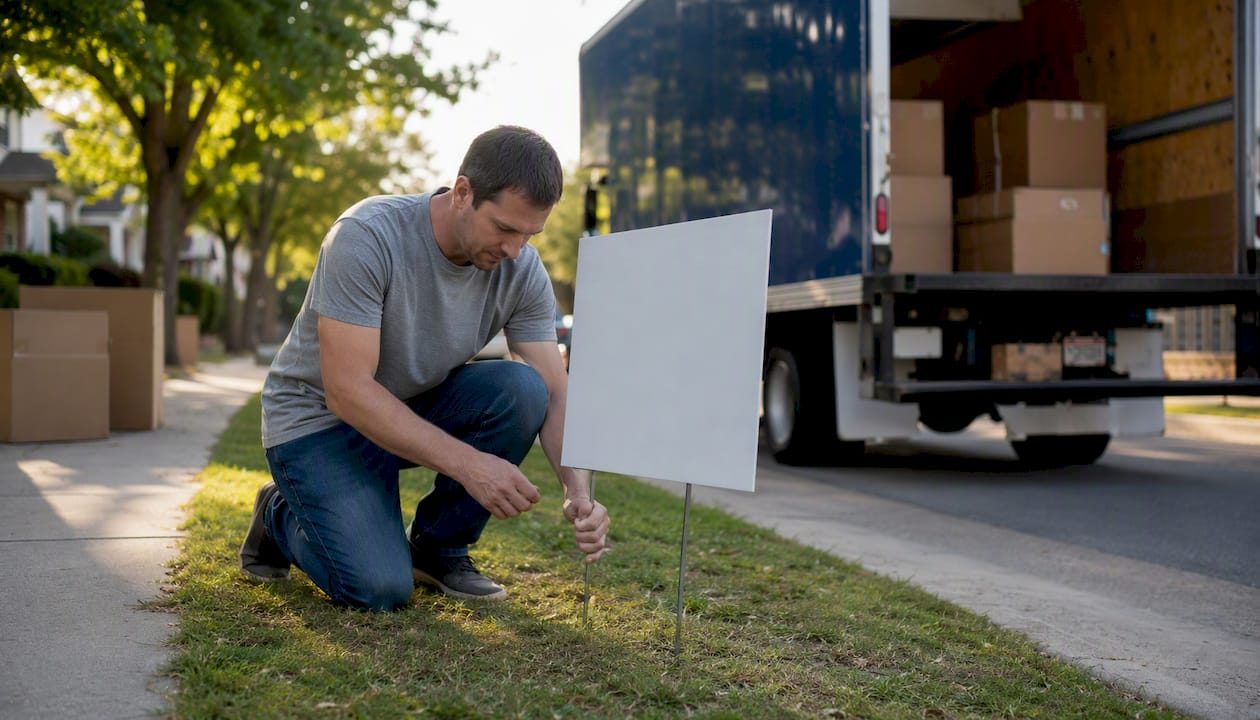 Hands posting parking permit signs on curb