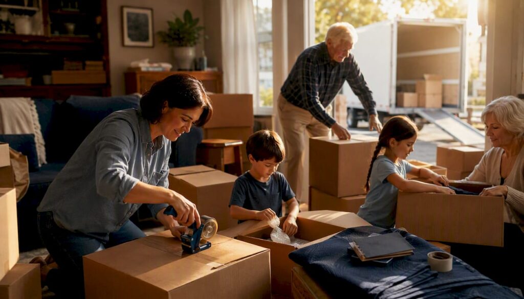 Family packing boxes for long distance move