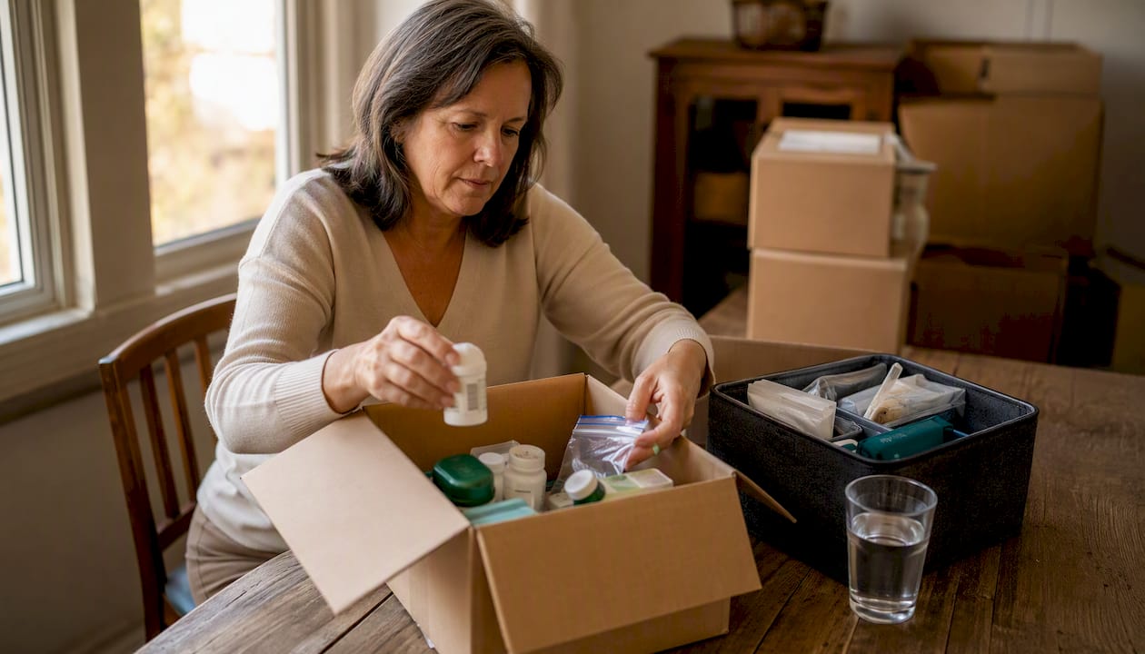 Hands packing senior medications and supplies